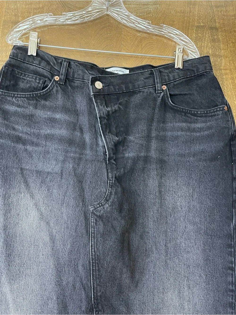 Reformation Skirt Black Denim Maxi Size 31 Front Slit Raw Hem Western Grunge